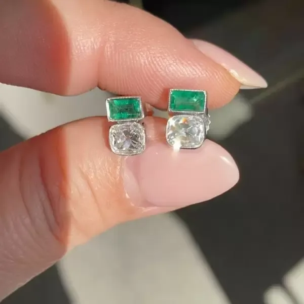 1.94ct Emerald Cushion Cut Green White Sapphire Stud Earrings
